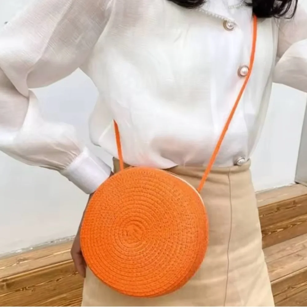 Round Orange Straw Raffia Woven Circle Bag Purse Handbag Summer Crossbody Bright - Picture 3 of 8